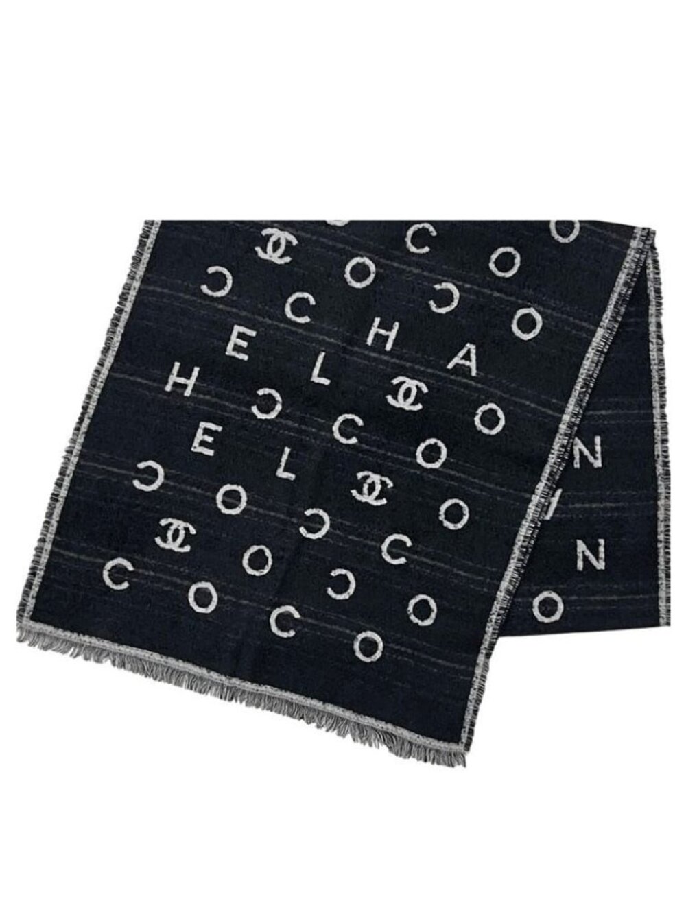 Chanel Shawl Reversible Logo Cashmere Silk Black Scarf